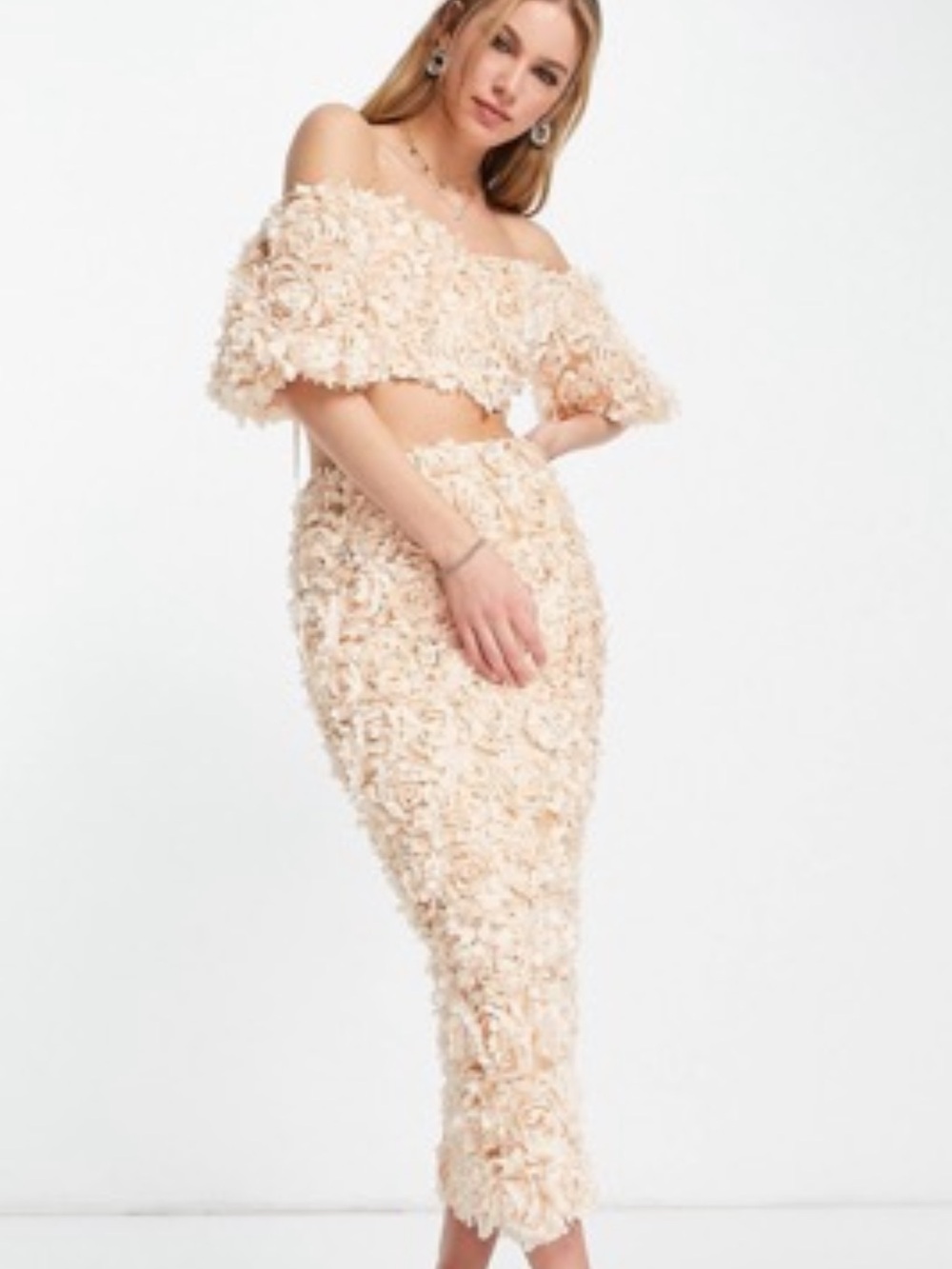 Blush Cream 3-D Floral Texture Rosettes Maxi Skirt